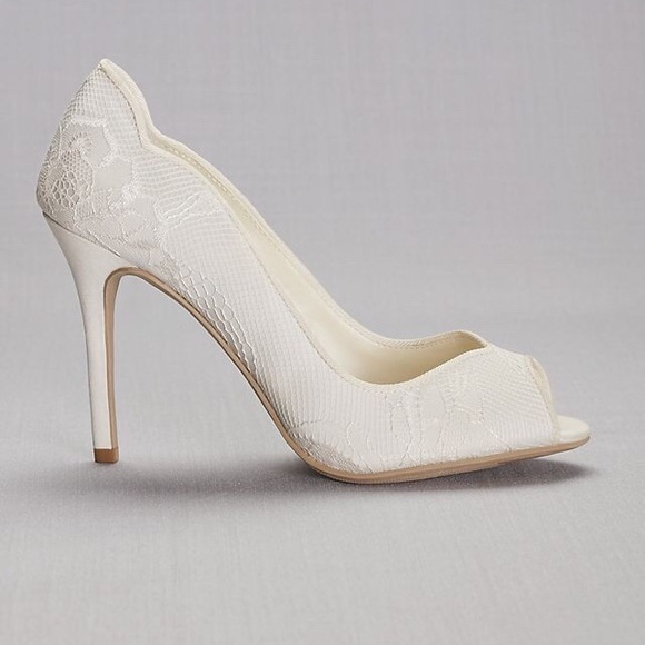 David's Bridal Shoes - White lace peep toe heals